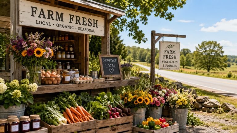 Charming roadside farm stand with fresh produce, flowers, eggs, honey, and jam.