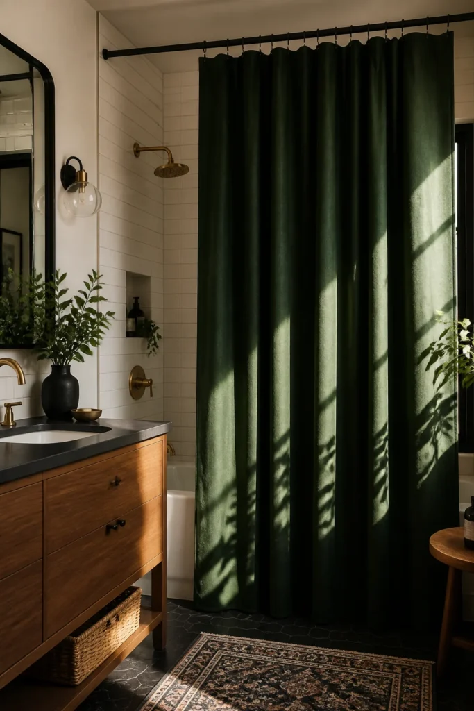 10. Use a Tall Dark Curtain for a Moody Bathroom