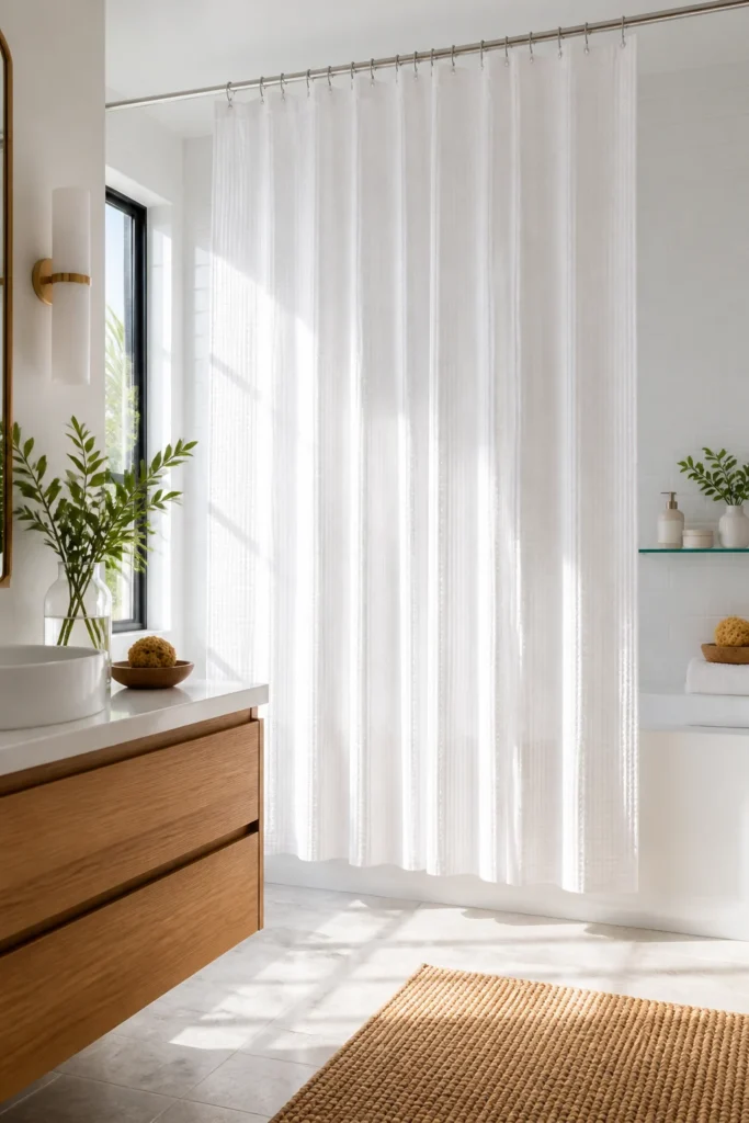 2. Choose a White Extra Long Curtain for a Clean Spa Feel