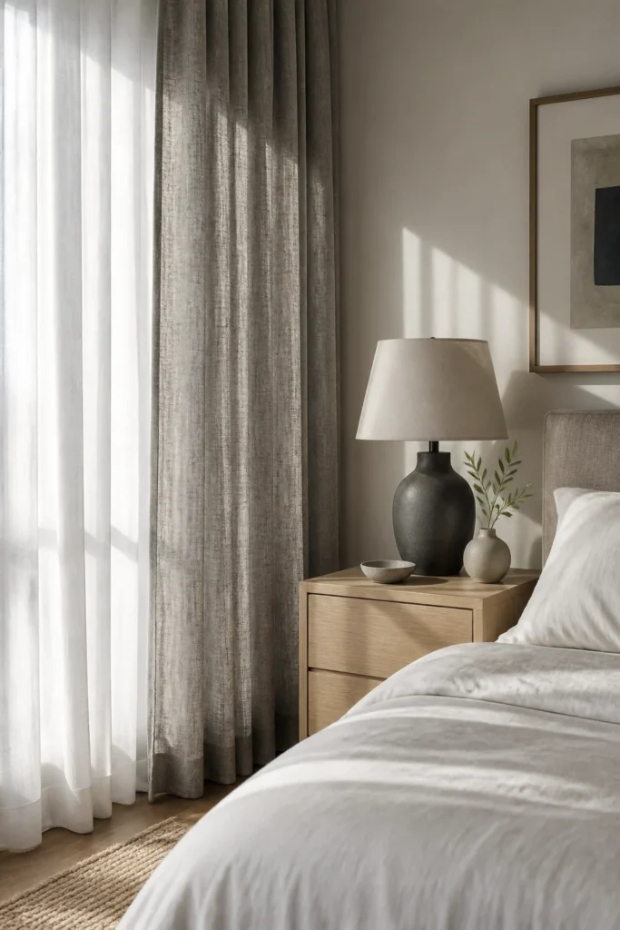 3. Soft Gray Linen Panels With White Sheers