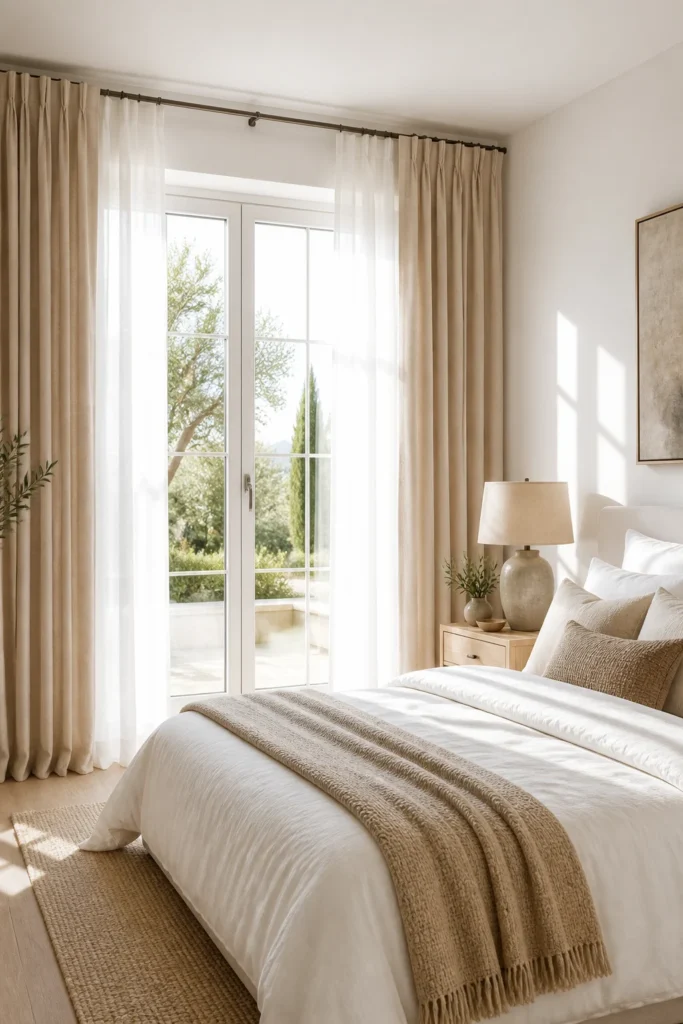 9. Beige Curtains in a White Bedroom
