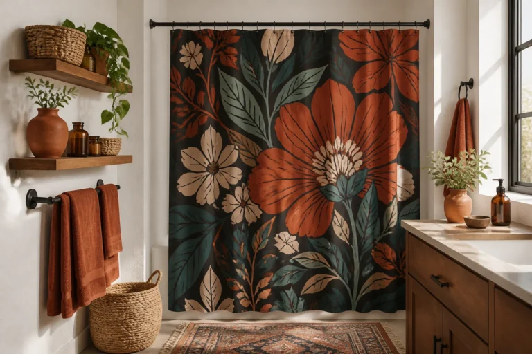 15 Boho Bathroom Ideas With Floral Shower Curtains featured image