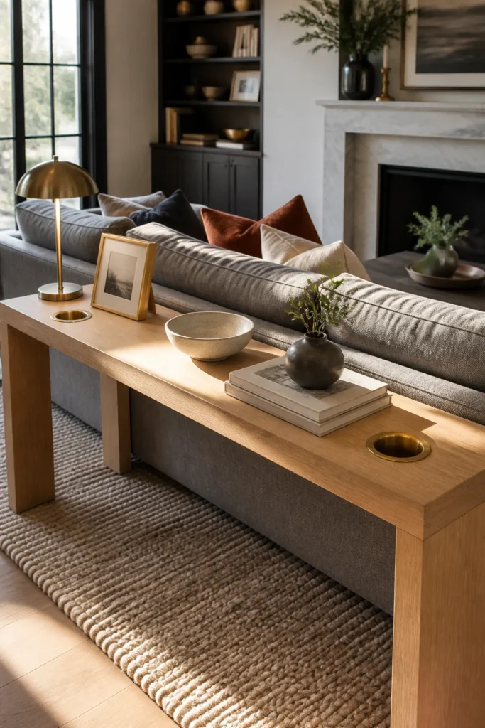 1. Slim Wood Sofa Console With Brass Cup Holders