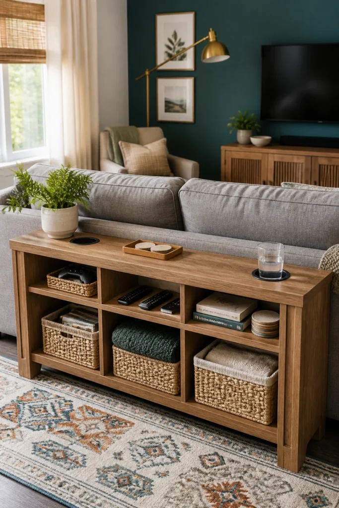 8. Narrow Console With Storage Cubbies