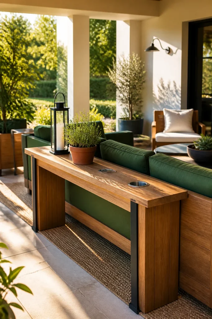 10. Covered Patio Sofa Console With Weather-Safe Cup Holders