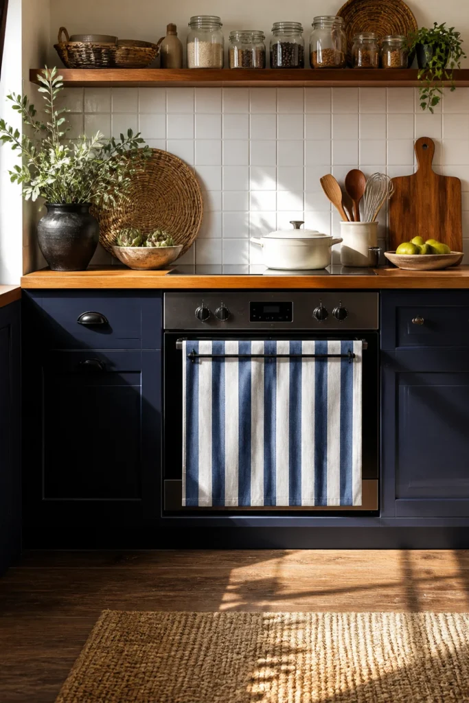 3. Striped Oven Curtain for a Clean, Tailored Look