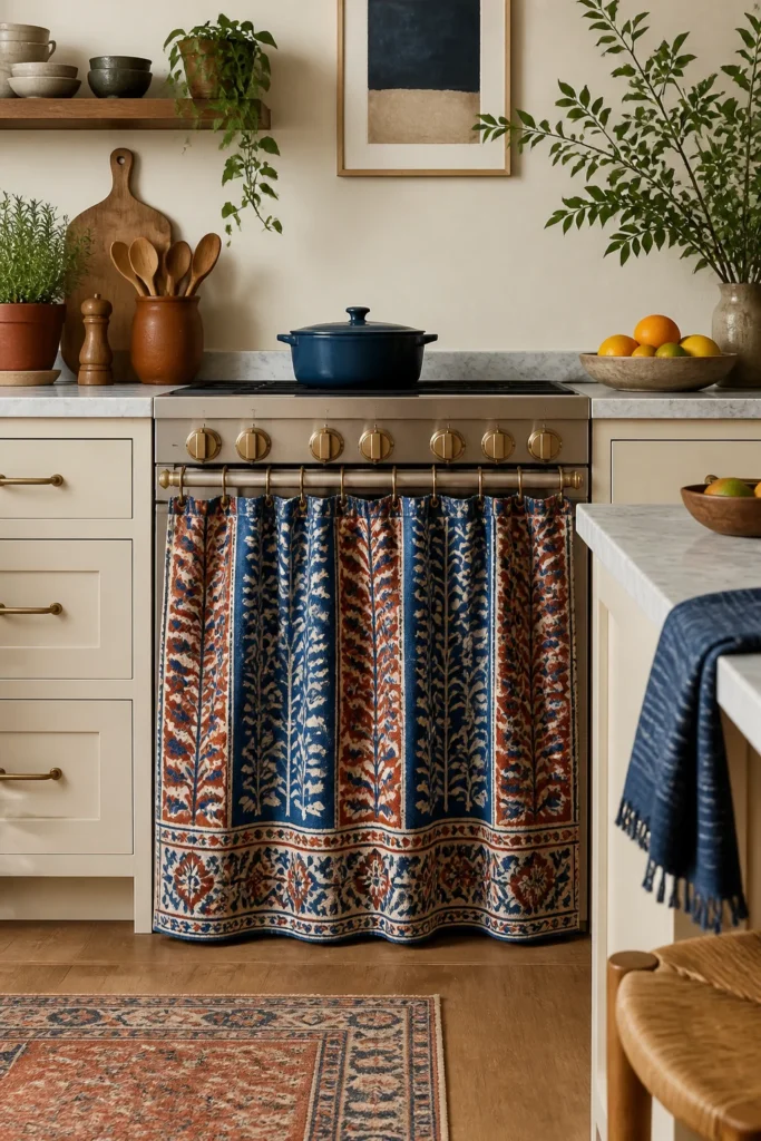 9. Patterned Oven Curtain as a Small Color Accent