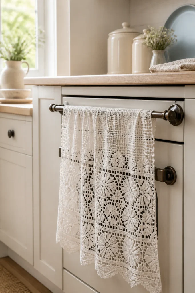 1. White Lace Crochet Oven Curtain