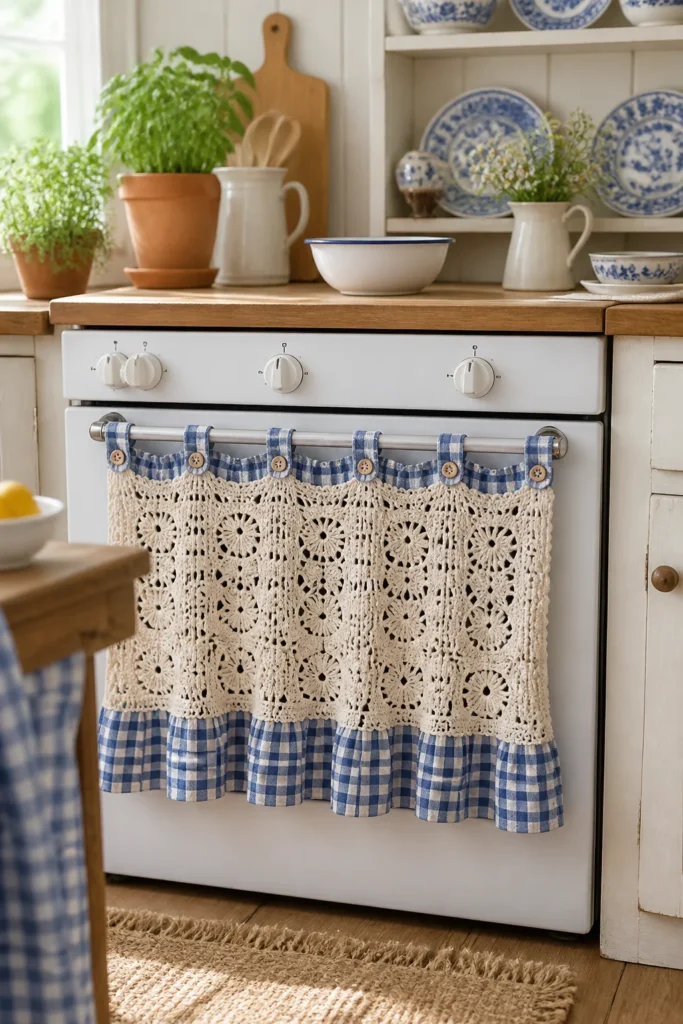2. Farmhouse Gingham-Trim Crochet Curtain