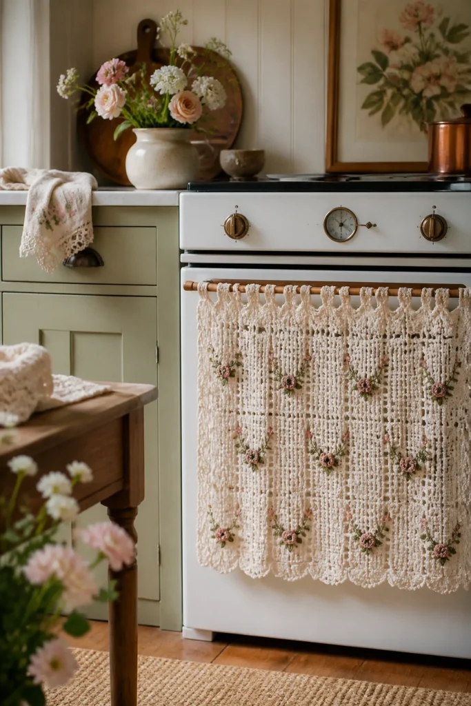 4. Floral Motif Crochet Oven Curtain