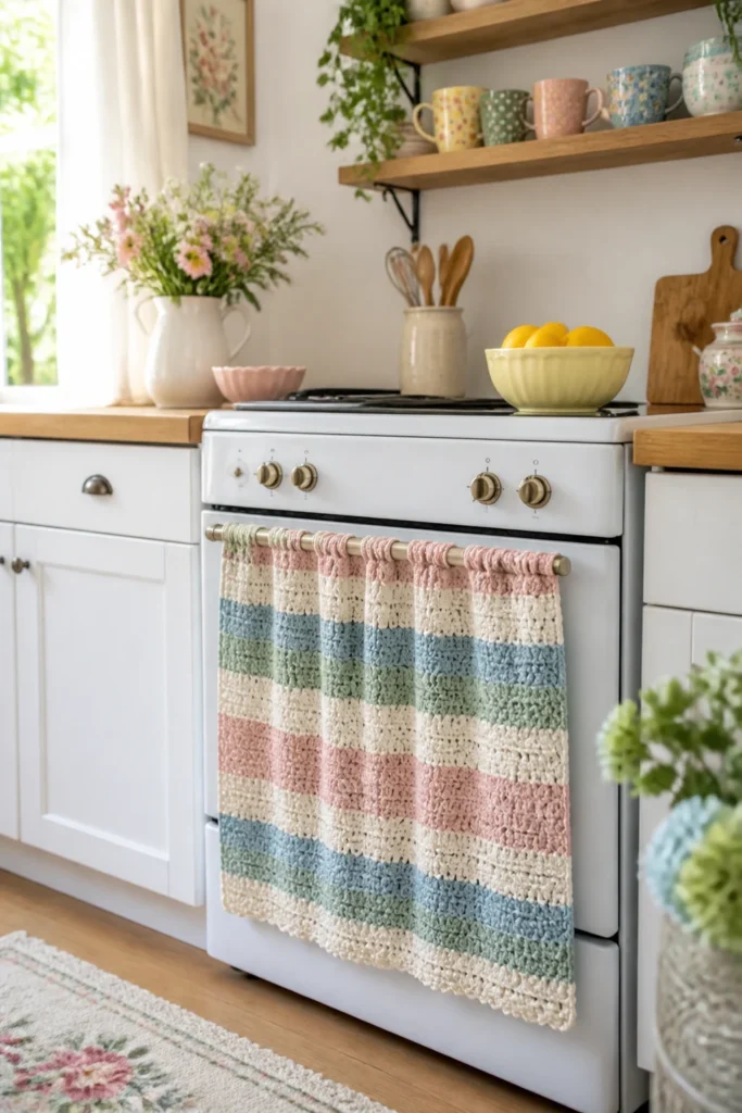 7. Pastel Stripe Crochet Oven Curtain