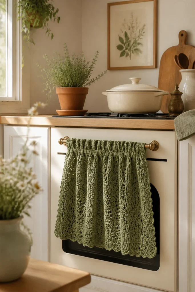 9. Sage Green Crochet Oven Curtain