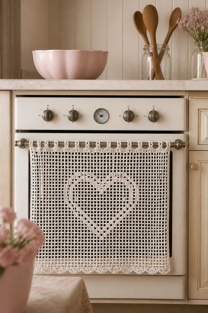 13. Filet Heart Crochet Oven Curtain