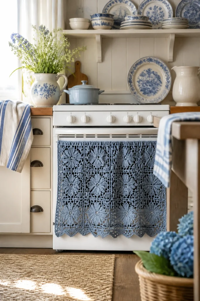 14. Cottage Blue Crochet Oven Curtain