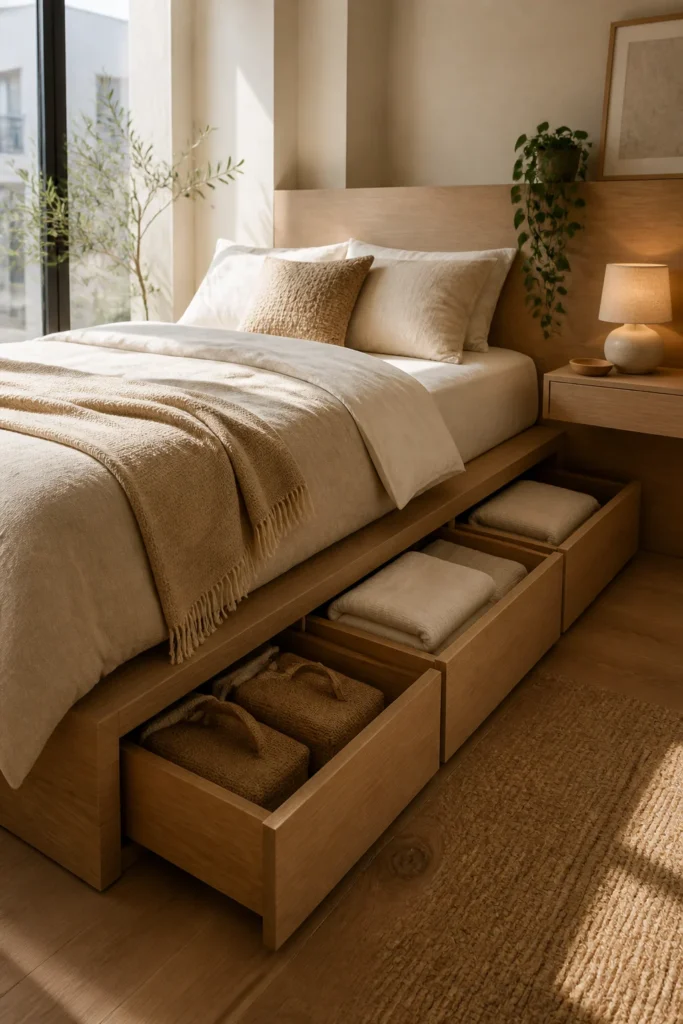 1. Use a Bed With Built-In Storage Drawers