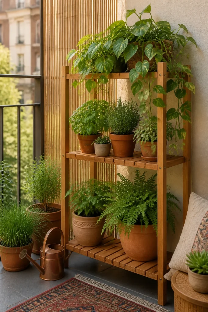 11. Add a Small Wooden Plant Shelf
