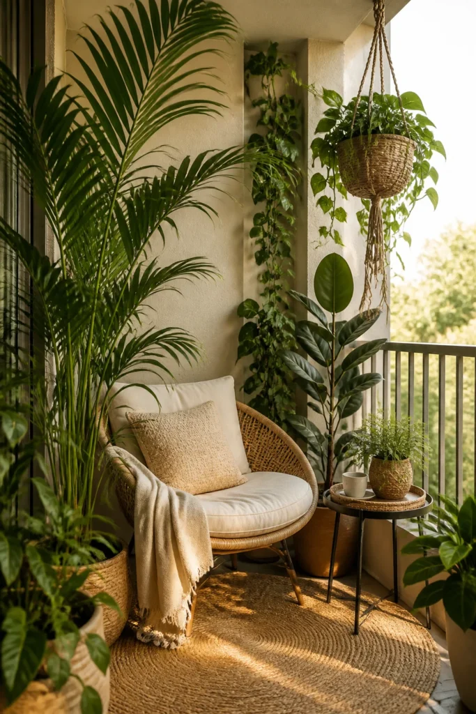12. Add a Corner Plant Nook for a Cozy Seating Spot