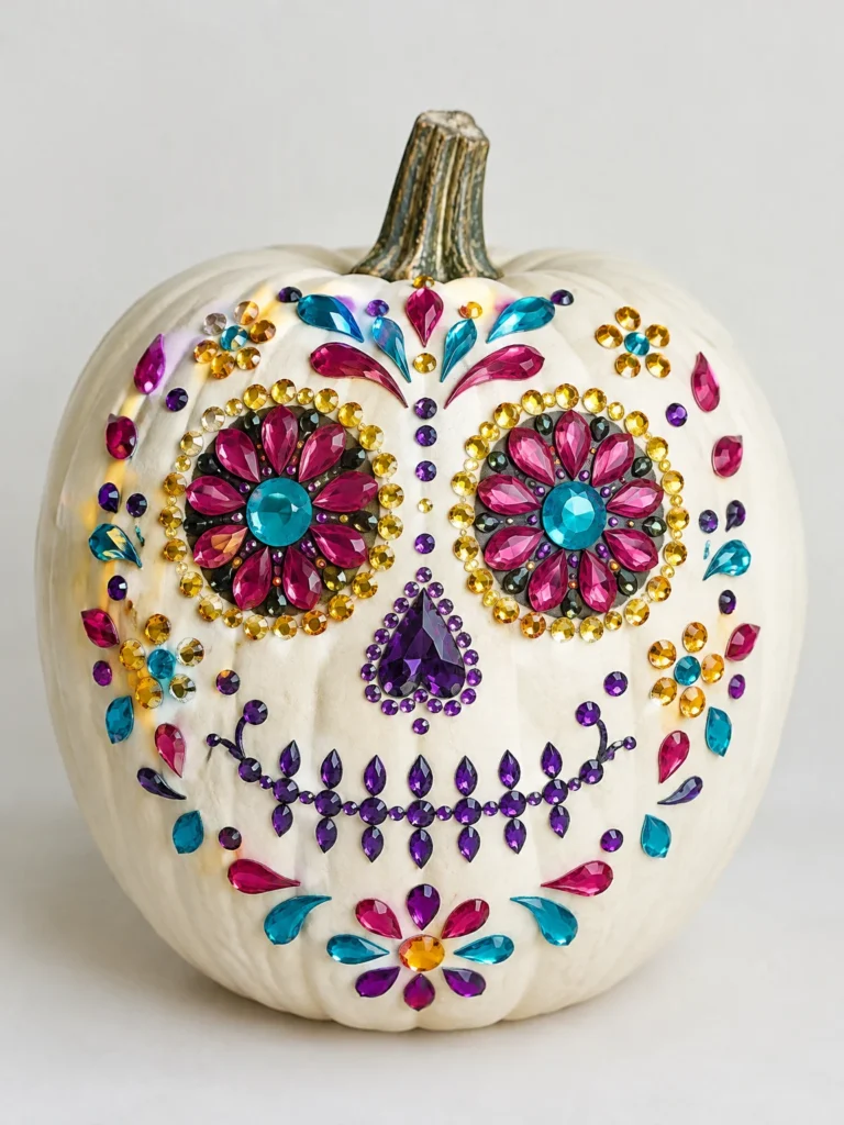 12. Colorful Jeweled Sugar Skull Pumpkin