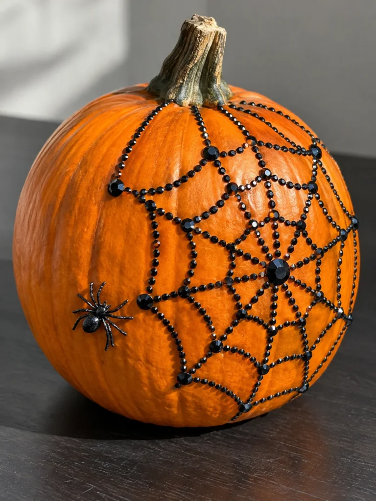 2. Orange Pumpkin With a Black Rhinestone Spiderweb