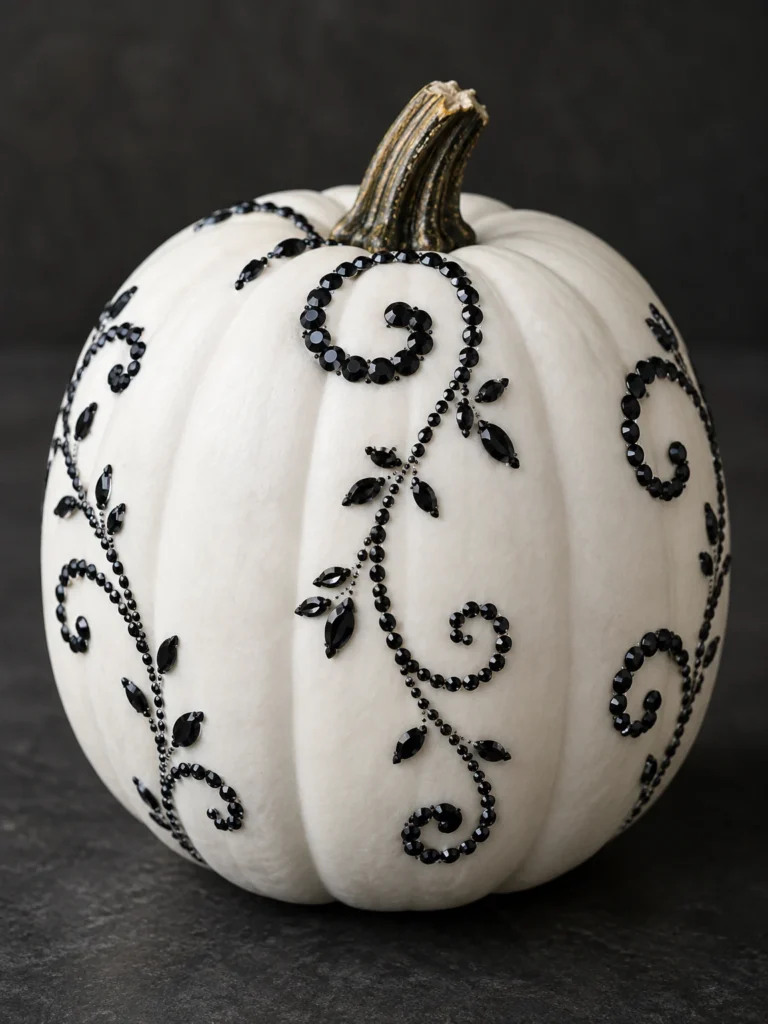 3. White Pumpkin With Black Jeweled Swirls