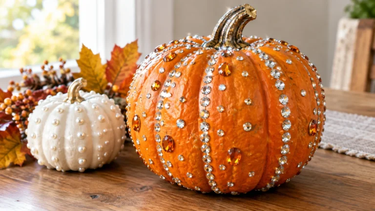 Orange pumpkin decorated with sparkling rhinestones beside a white pearl-studded pumpkin on a wooden table.