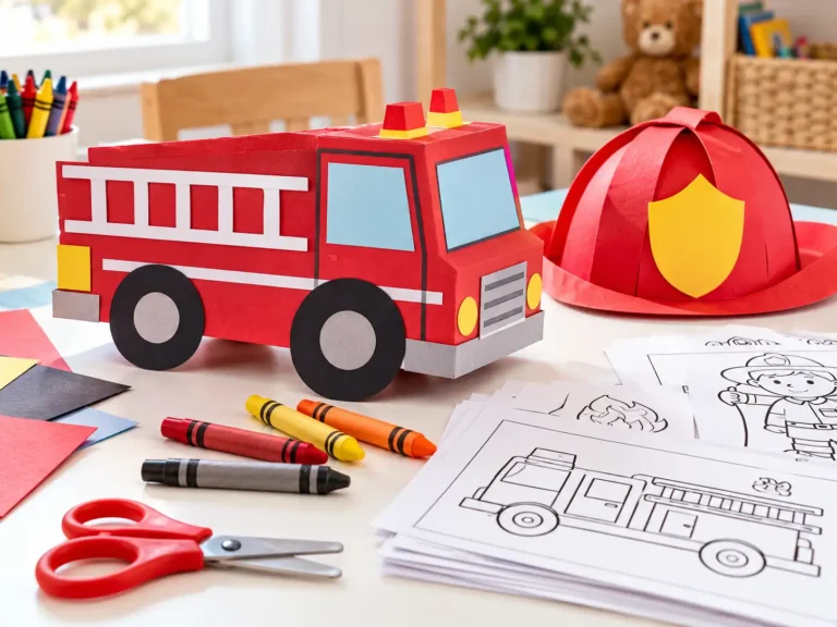 Preschool fire safety crafts featuring a red paper fire truck, firefighter hat, crayons, and printable worksheets.