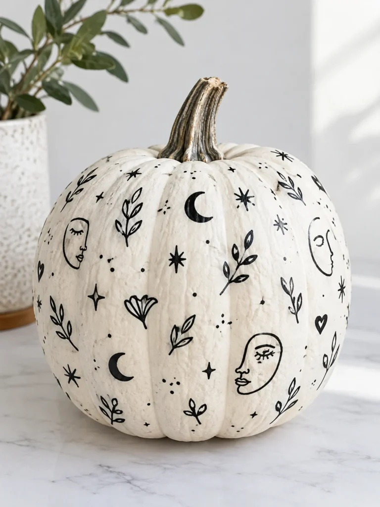 10. White Pumpkin With Black Doodles
