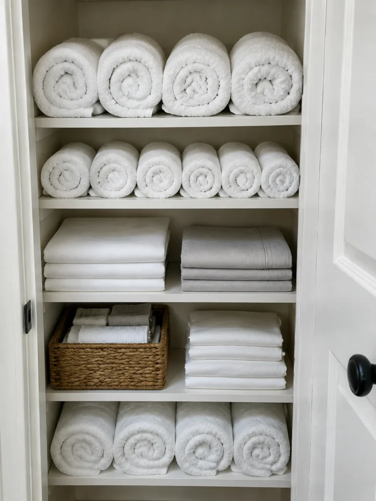 22. Roll Towels in a Linen Closet
