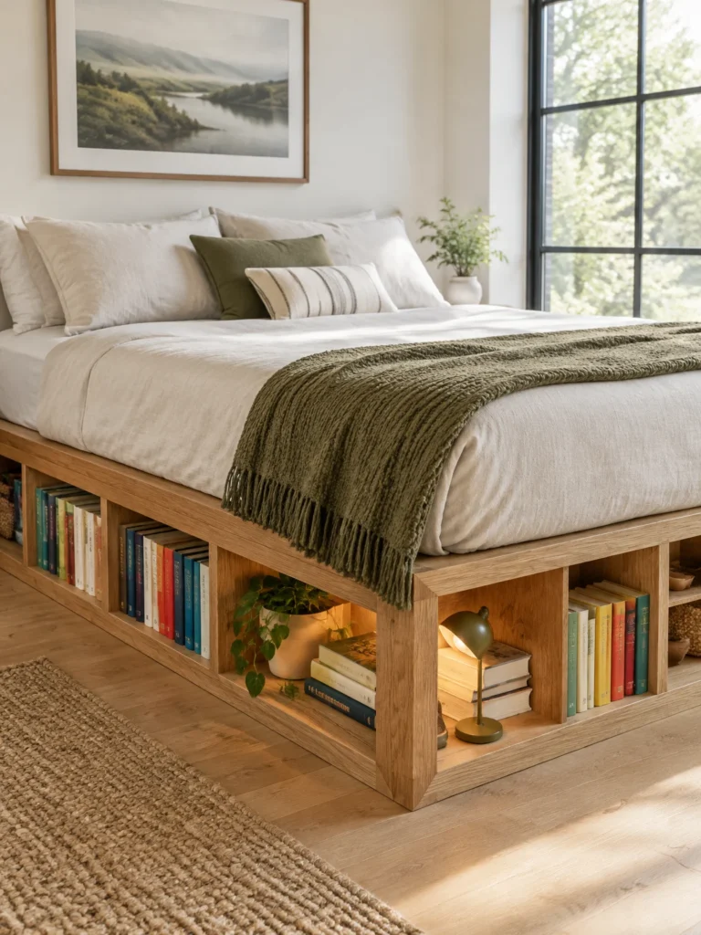 A platform bed with integrated open book cubbies and neutral bedding in a cozy bedroom.