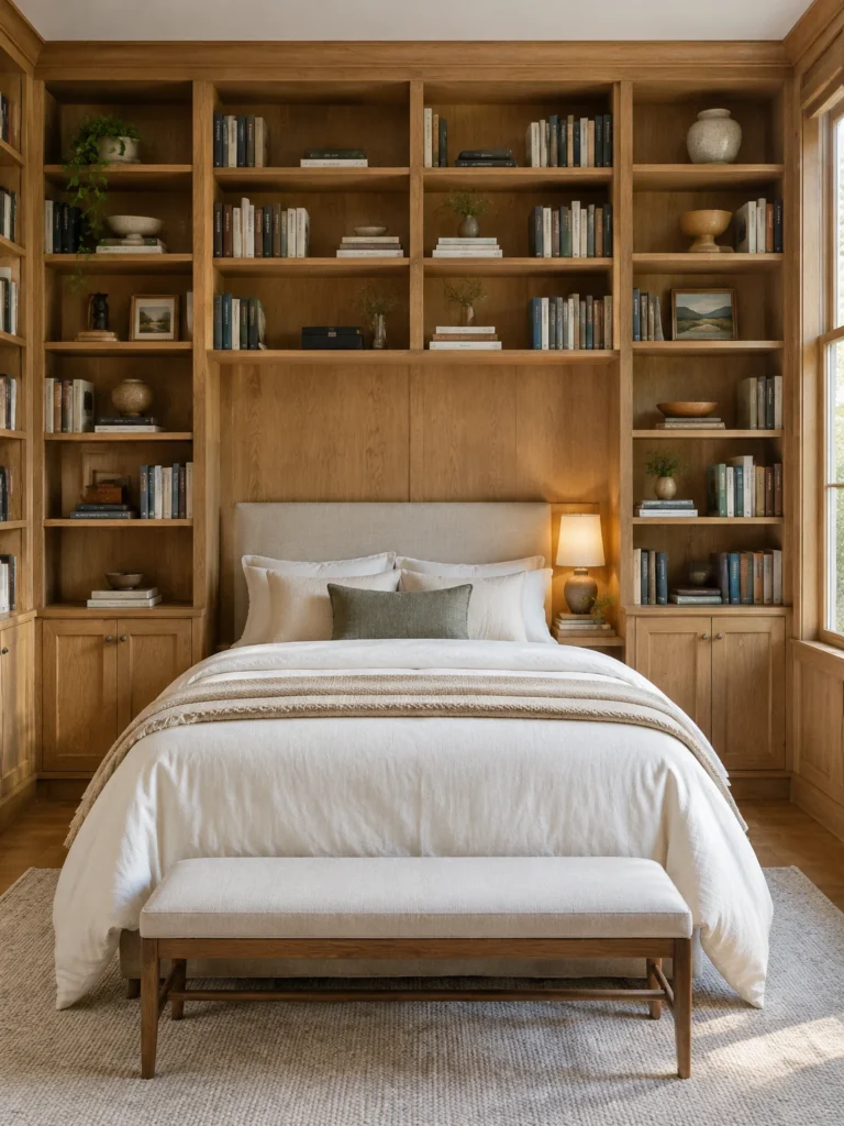 Floor-to-ceiling oak bookshelves frame a bedroom bed with a simple upholstered headboard.