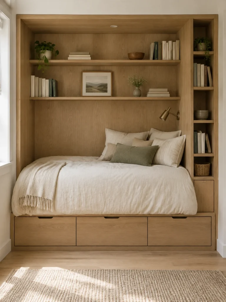 A recessed bedroom nook combines overhead bookshelves, bedside shelving, and drawers beneath