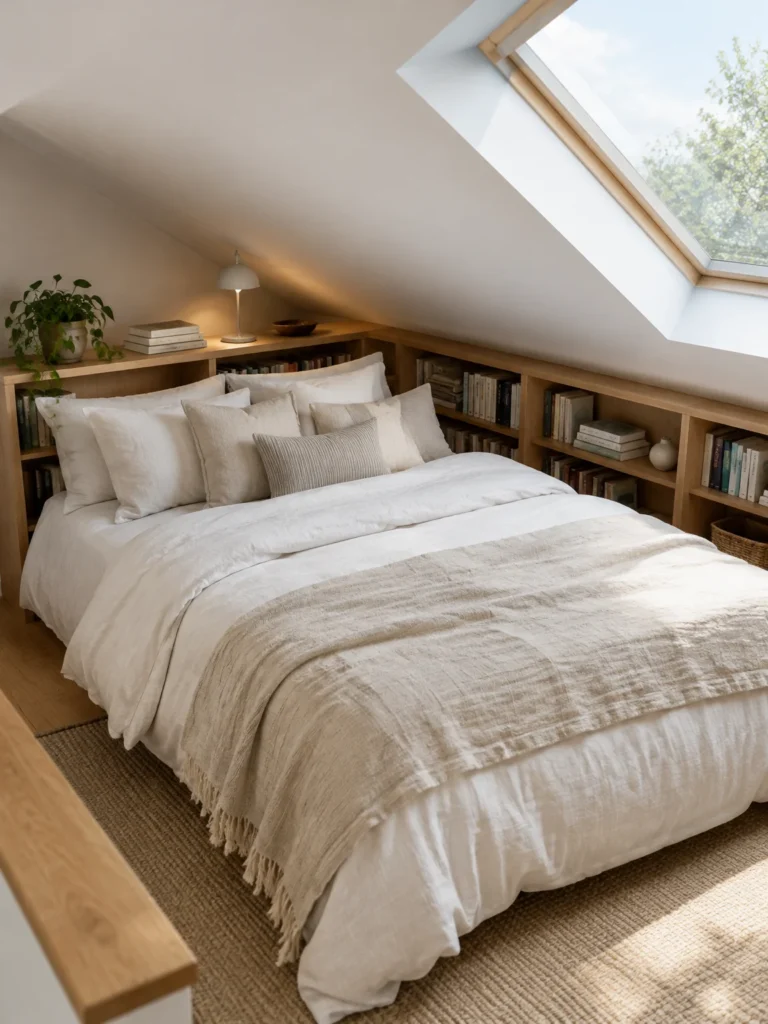 An attic bed surrounded by low bookshelves beneath a sloping ceiling and skylight.