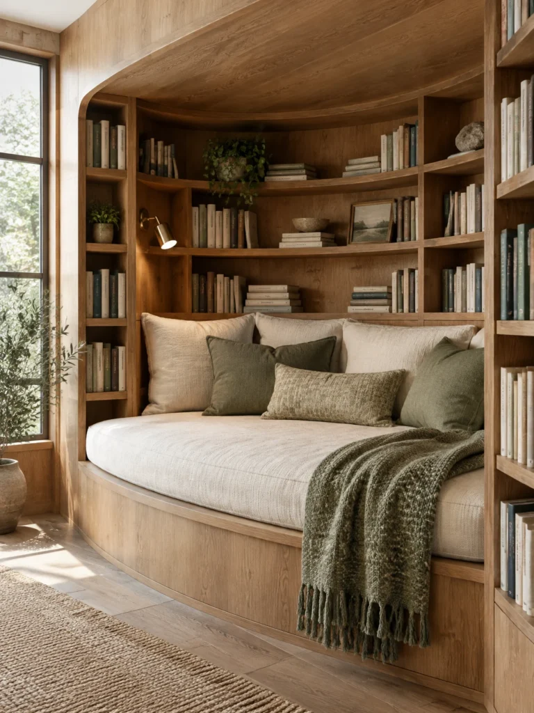 A cushioned daybed sits inside a curved library alcove surrounded by bookshelves.
