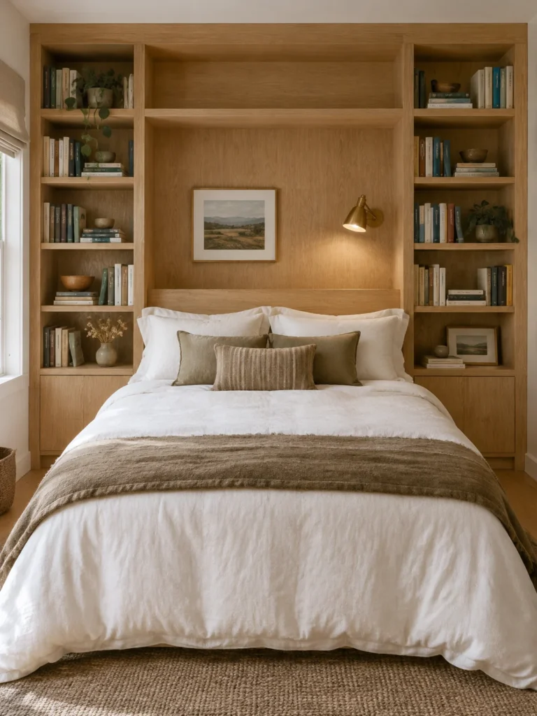 A bed with an integrated oak bookshelf headboard and books arranged on both sides.