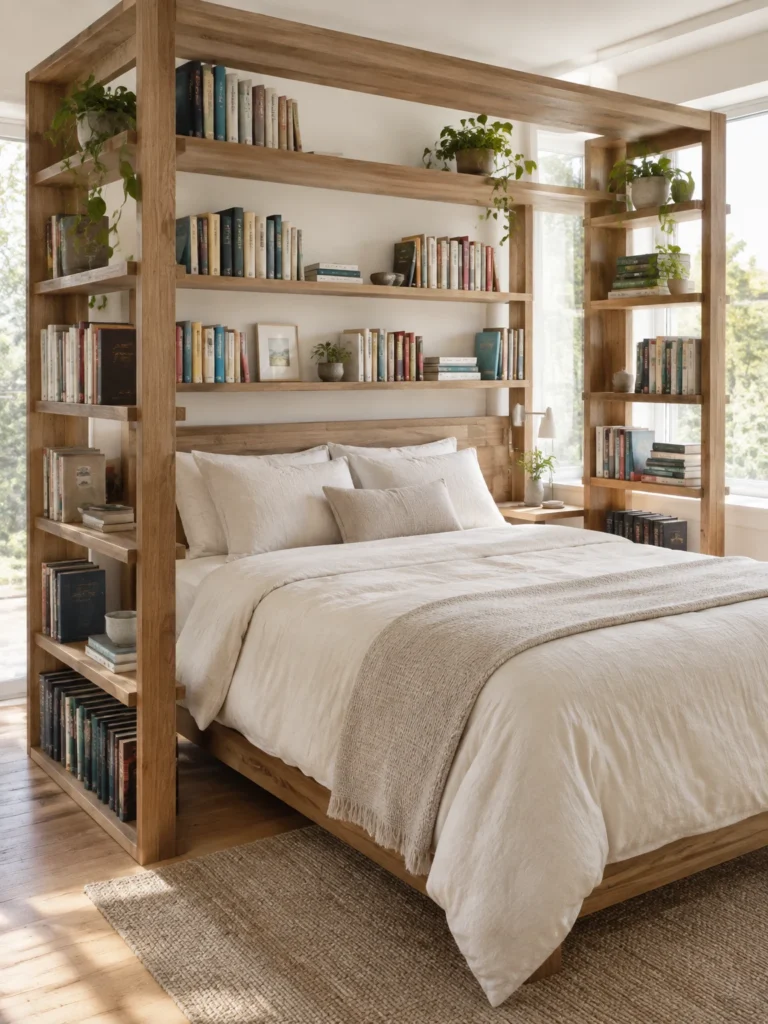 A bed framed by open wood bookshelves that create an airy canopy-like library structure.