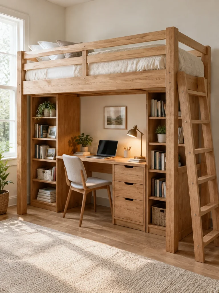 A natural wood loft bed with a desk, drawers, and bookshelves beneath the elevated sleeping area.