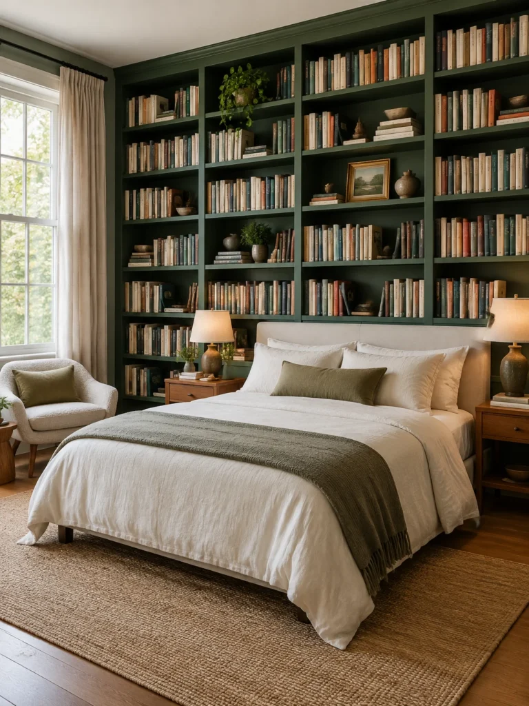 A classic bedroom library with a forest-green book wall, simple ivory bedding, warm lamps, and a reading chair.