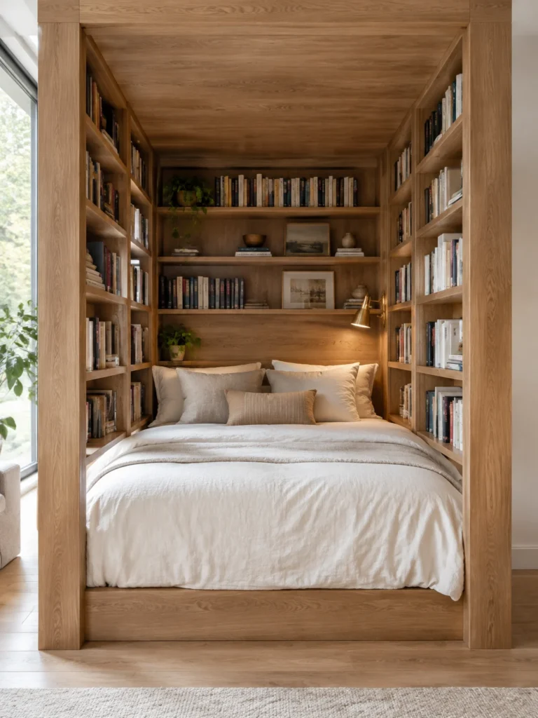 An enclosed oak library bed features bookshelves on three sides and a wood canopy above the sleeping area.