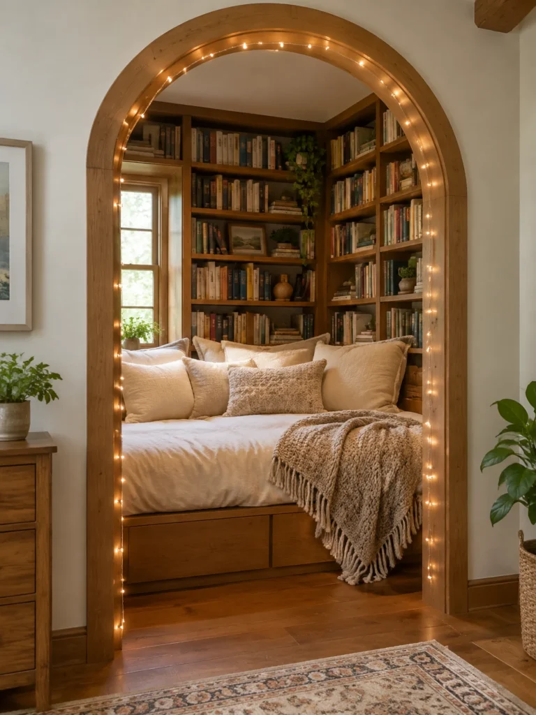 An arched bedroom reading nook with wraparound bookshelves, warm string lights, and layered cushions.