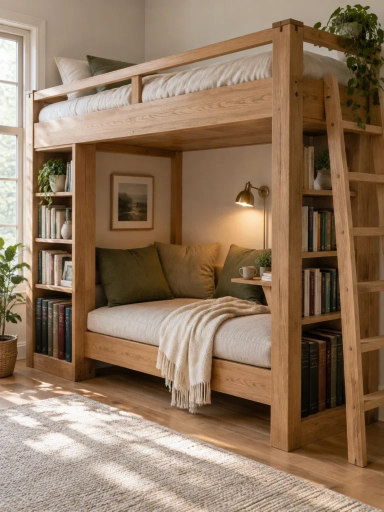 A loft library bed with a cushioned reading lounge, integrated bookshelves, and a warm reading lamp underneath.