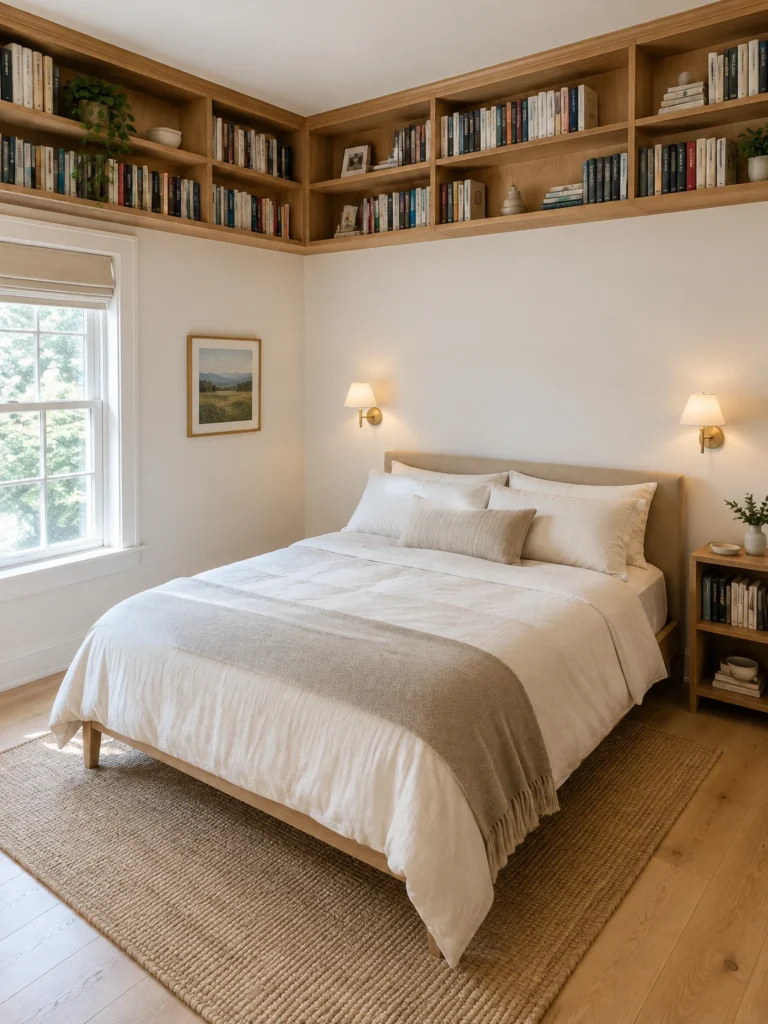 High oak bookshelves run near the ceiling above a simple bed, leaving the lower bedroom space open.
