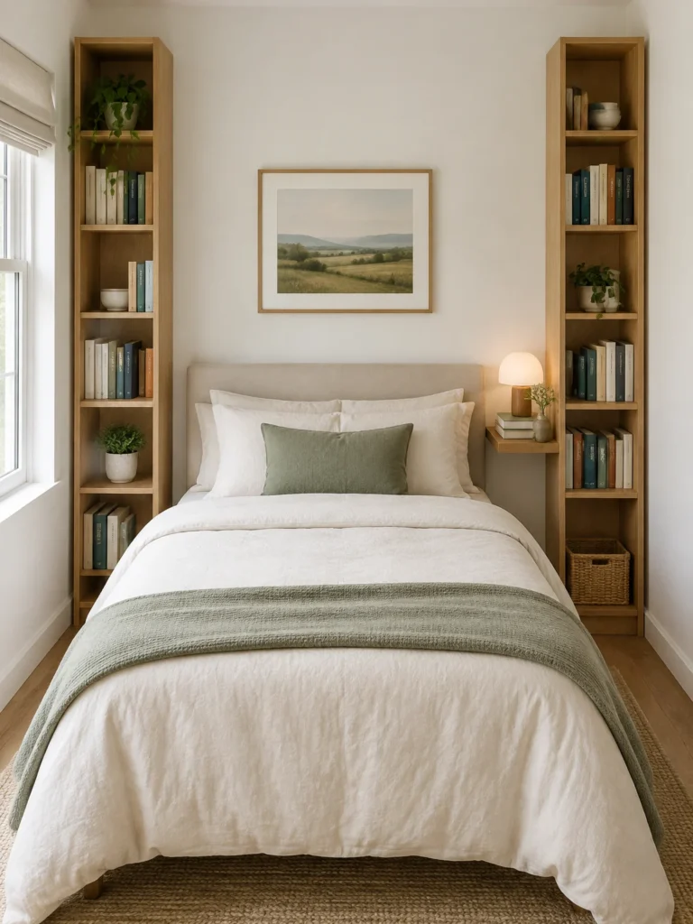 A small bedroom with two narrow oak book towers and a floating bedside shelf beside an ivory-covered bed.