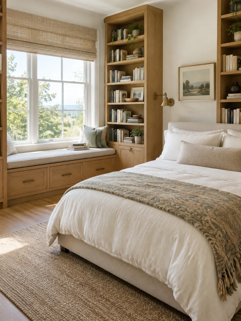 A bedroom library combines a bed, tall flanking bookshelves, and a cushioned window seat with storage drawers.
