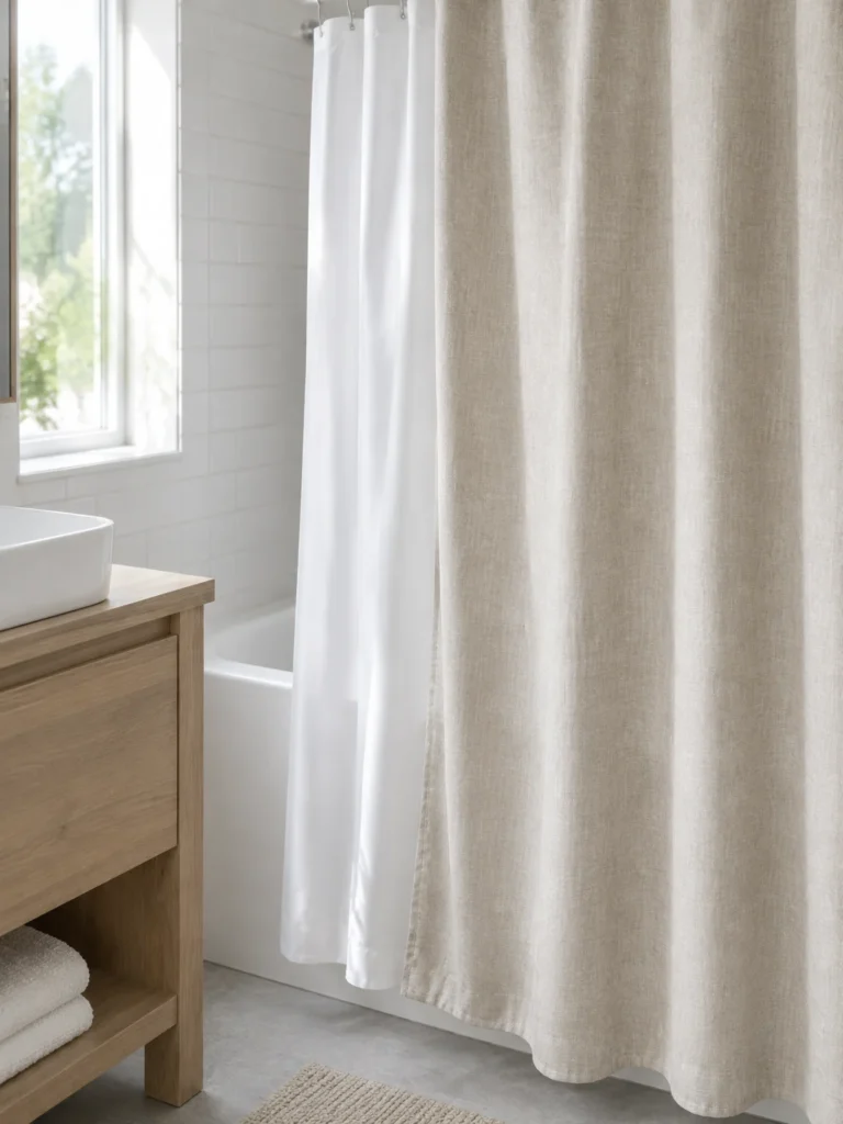 2. Pair a Linen-Look Curtain With a Waterproof Liner