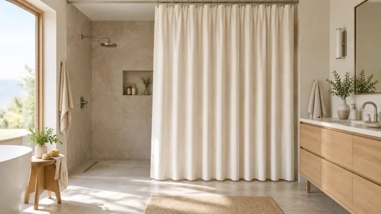 Extra-long ivory shower curtain hanging from ceiling height in a bright walk-in shower with light tile and natural wood accents.