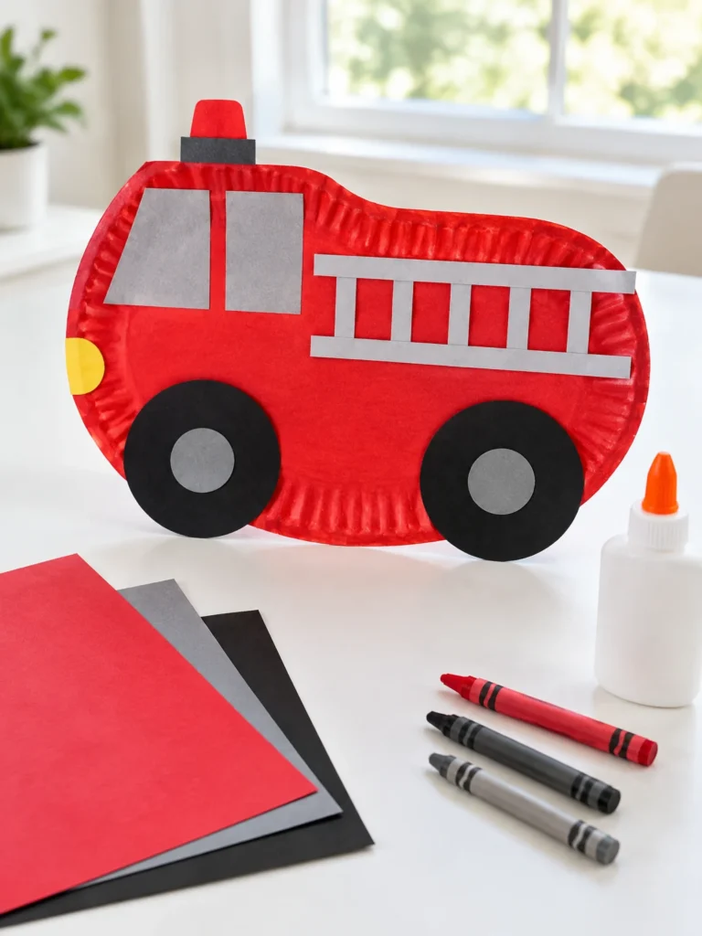 Handmade red paper plate fire truck craft with black wheels, gray windows, and a paper ladder.