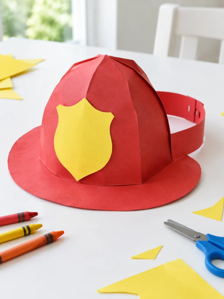 Red construction paper firefighter hat with a yellow badge and paper headband.