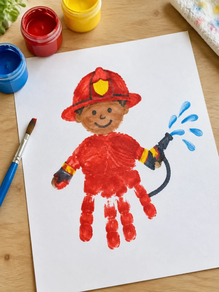 Preschool firefighter artwork featuring a red painted handprint transformed into a firefighter.