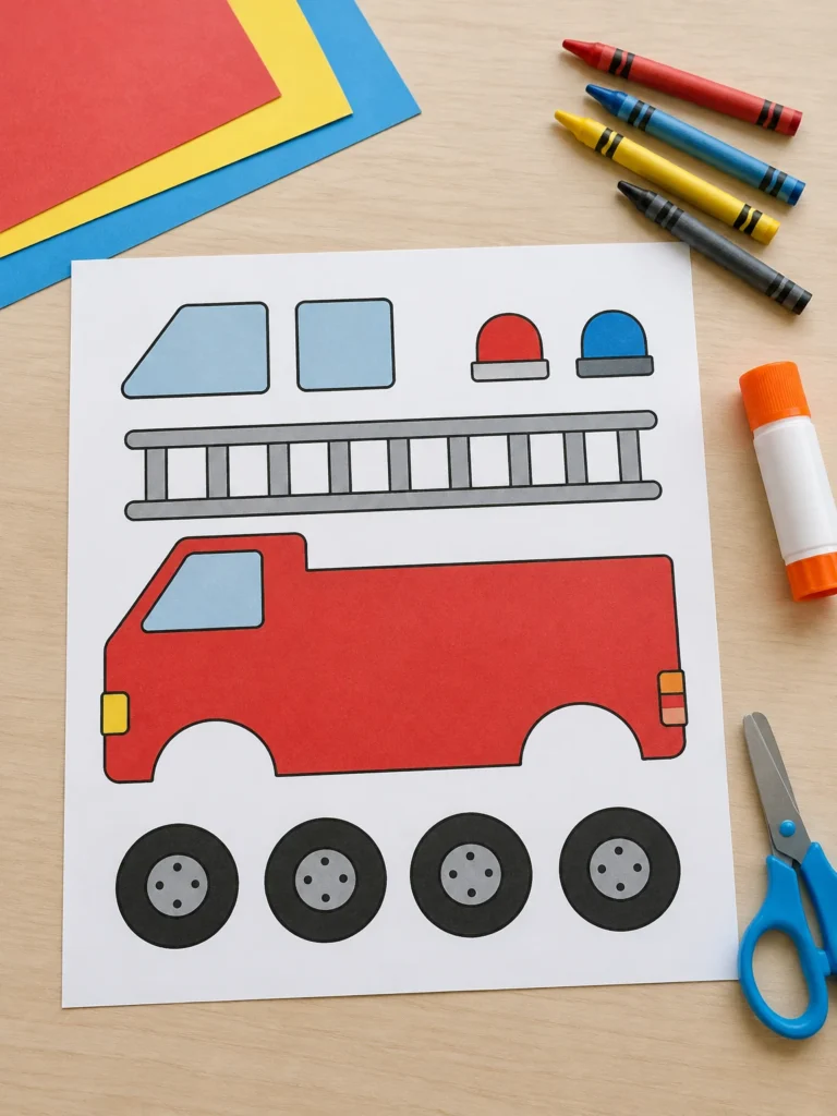 Printable fire truck craft worksheet with separate vehicle parts, crayons, scissors, and glue.