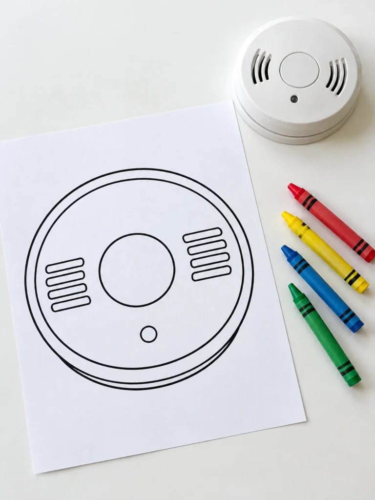 Smoke alarm coloring worksheet beside a household smoke alarm and colorful crayons.
